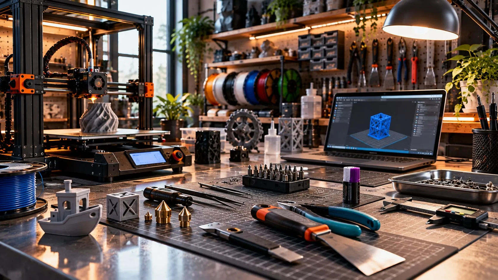 3D printer workbench with a printed vase, spare nozzles, hex keys, tweezers, a scraper and calipers on a cutting mat