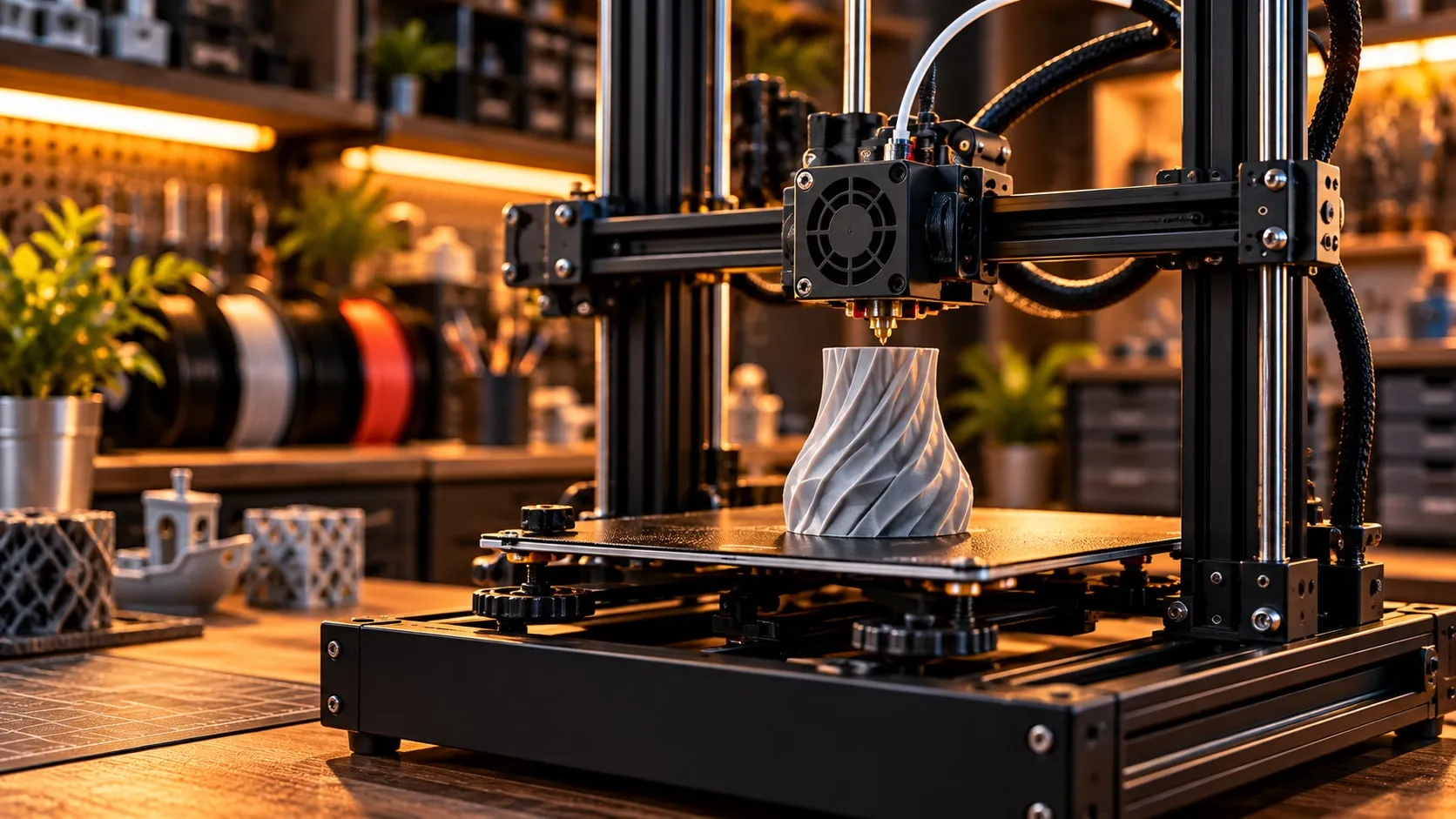 FDM 3D printer printing a gray twisted vase in a warmly lit home workshop