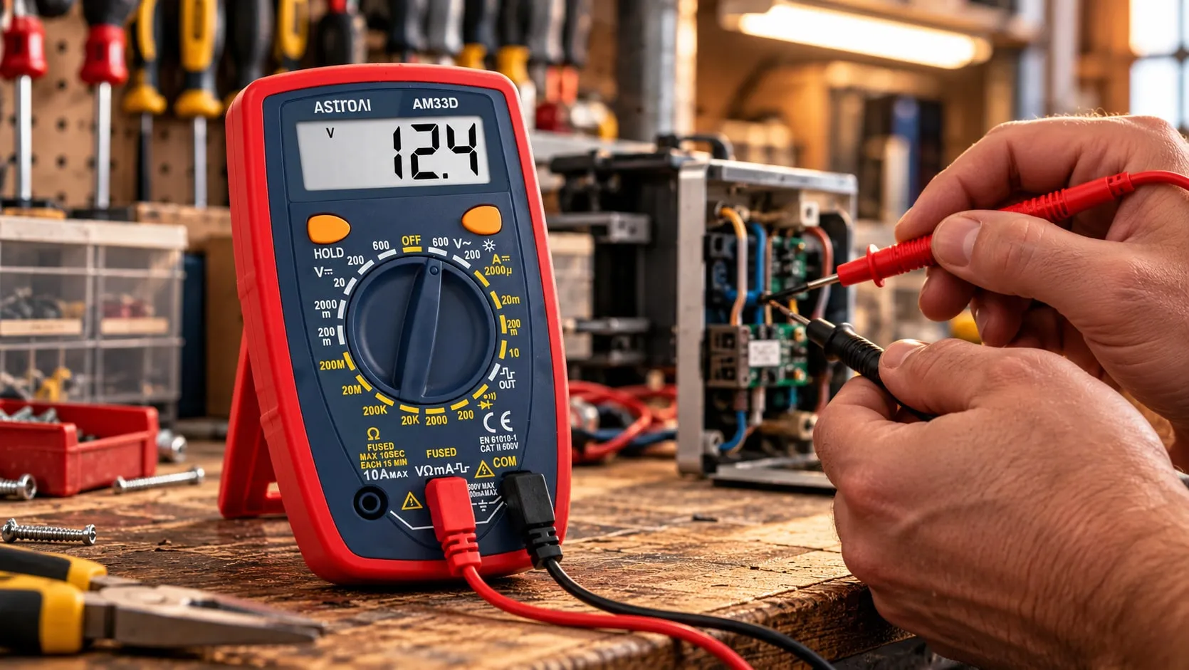 Checking voltage on a circuit board with a digital multimeter on a workshop bench