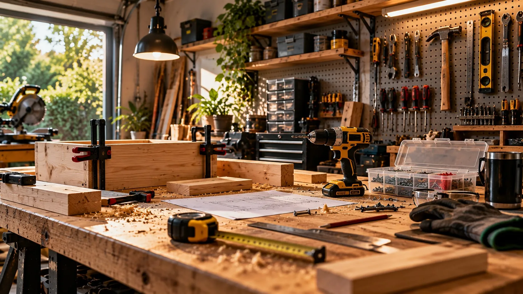 DIY woodworking bench with a clamped wooden box, cordless drill, tape measure and plans in a sunlit garage workshop