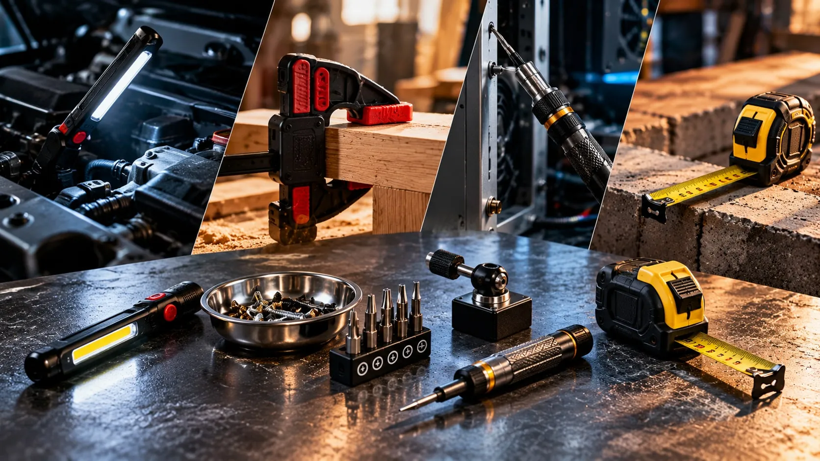 Collage of small hand tools on a dark workbench with scenes of them in use in a garage, workshop and on a build site