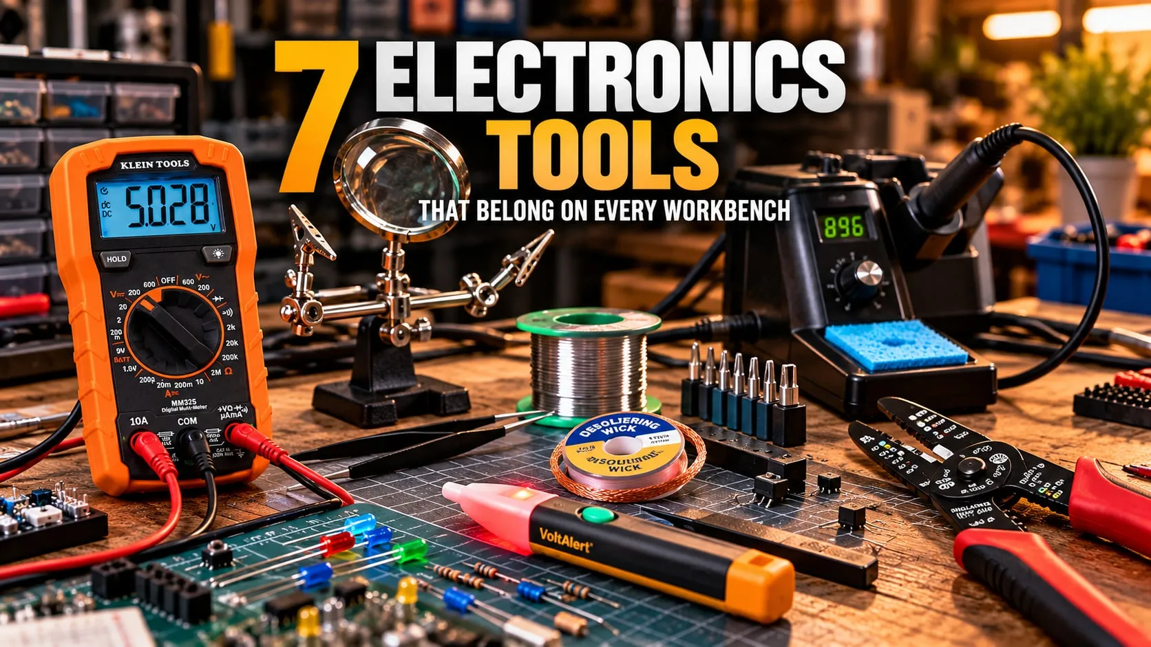 Electronics workbench with a multimeter, helping hand, soldering station, voltage tester, desoldering wick and wire strippers