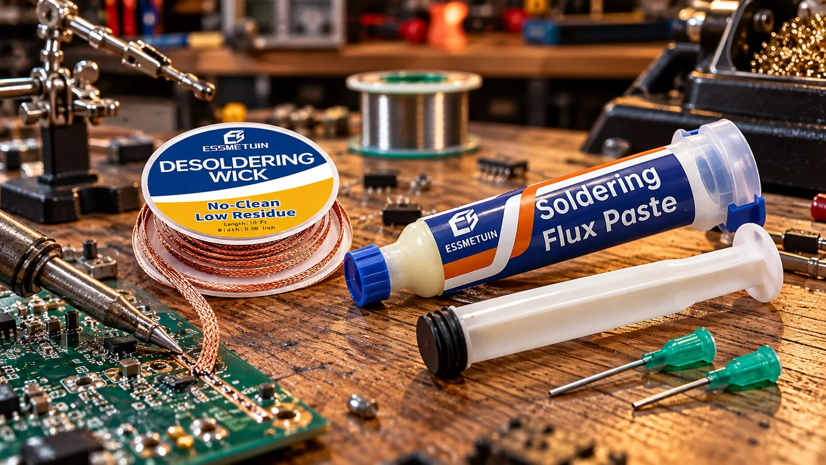 Desoldering wick under a soldering iron on a circuit board, flux paste syringe beside it
