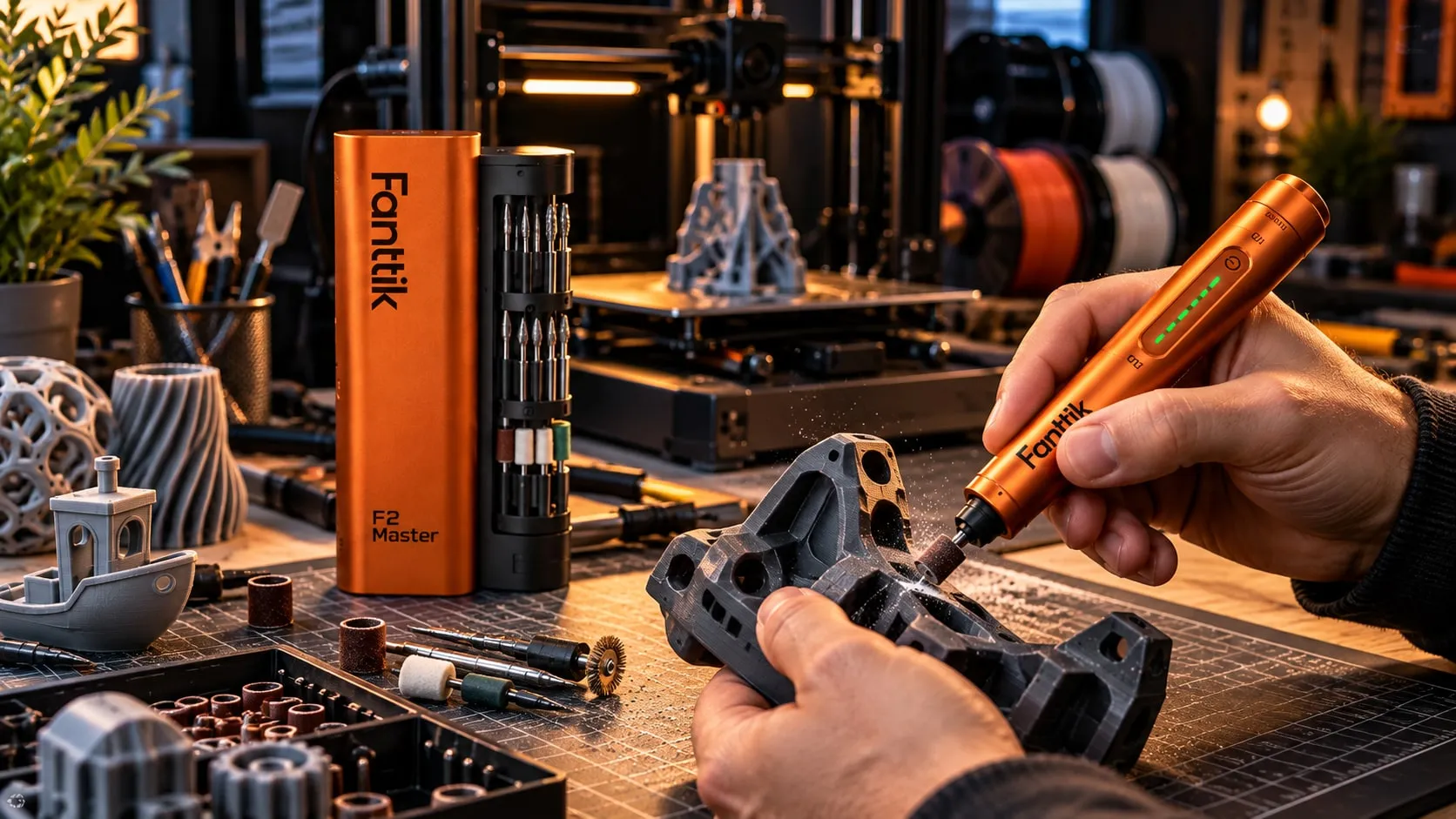 Hands finishing a dark gray 3D print with a pen-sized rotary tool, printer and filament spools behind