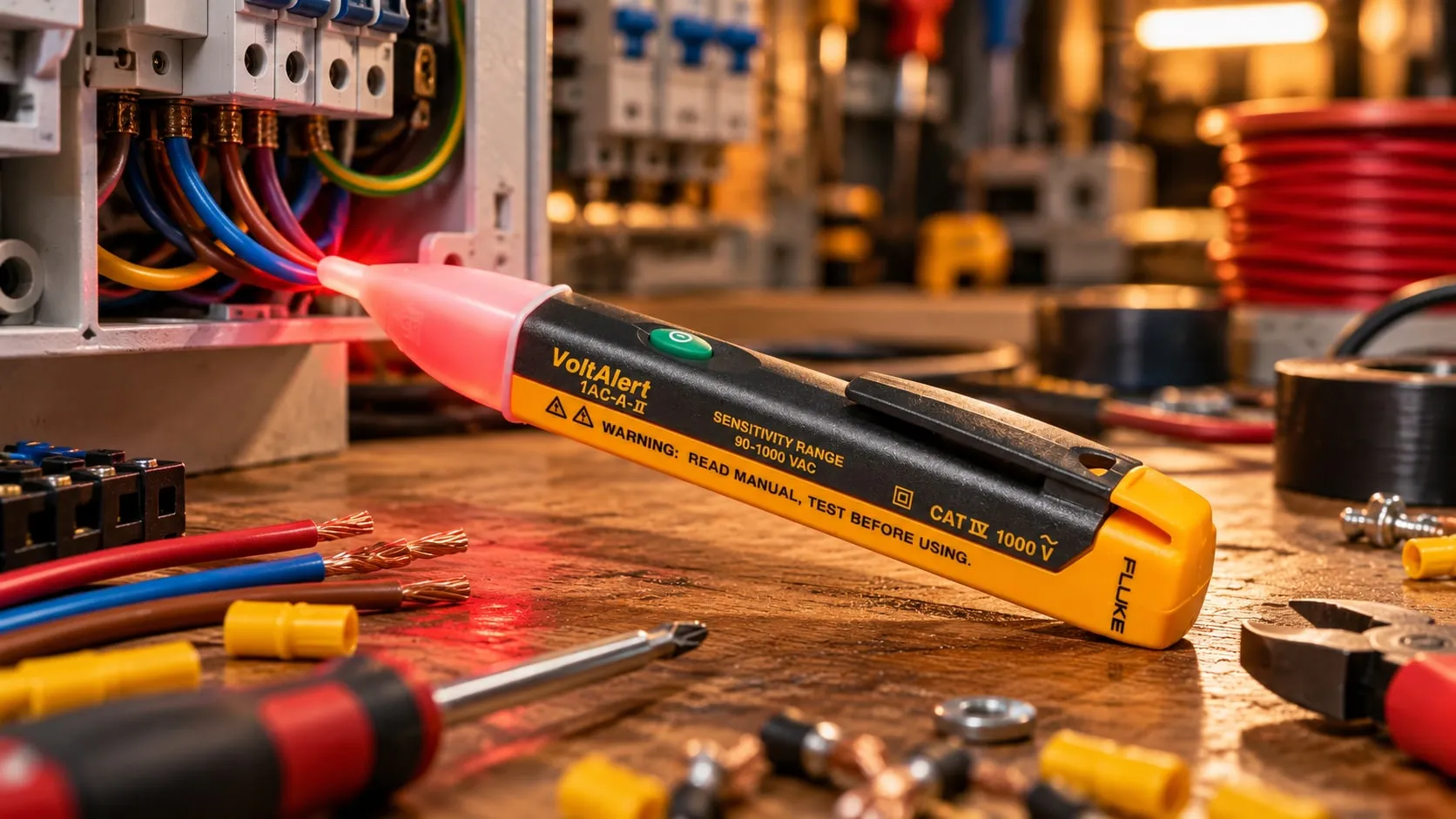 Non-contact voltage tester glowing red next to wiring in an electrical panel