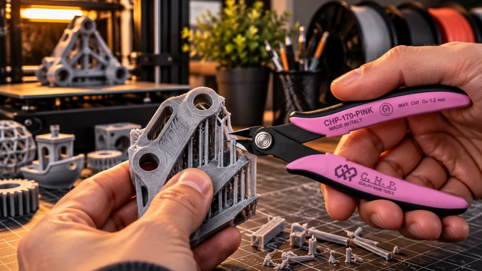Snipping support material off a gray 3D print with red-handled flush cutters, printer behind