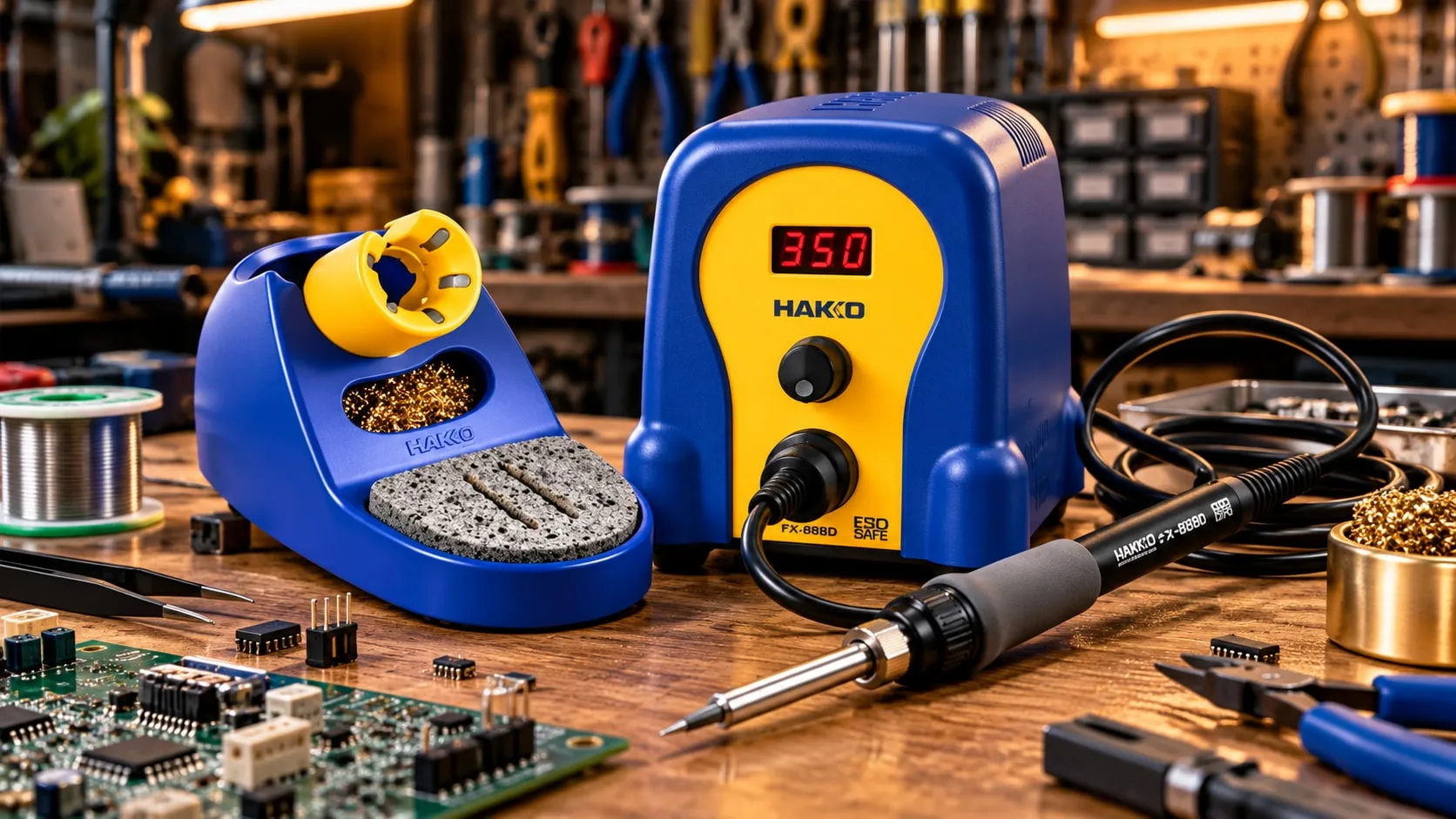 Blue and yellow Hakko soldering station with iron and holder on a workbench next to a circuit board