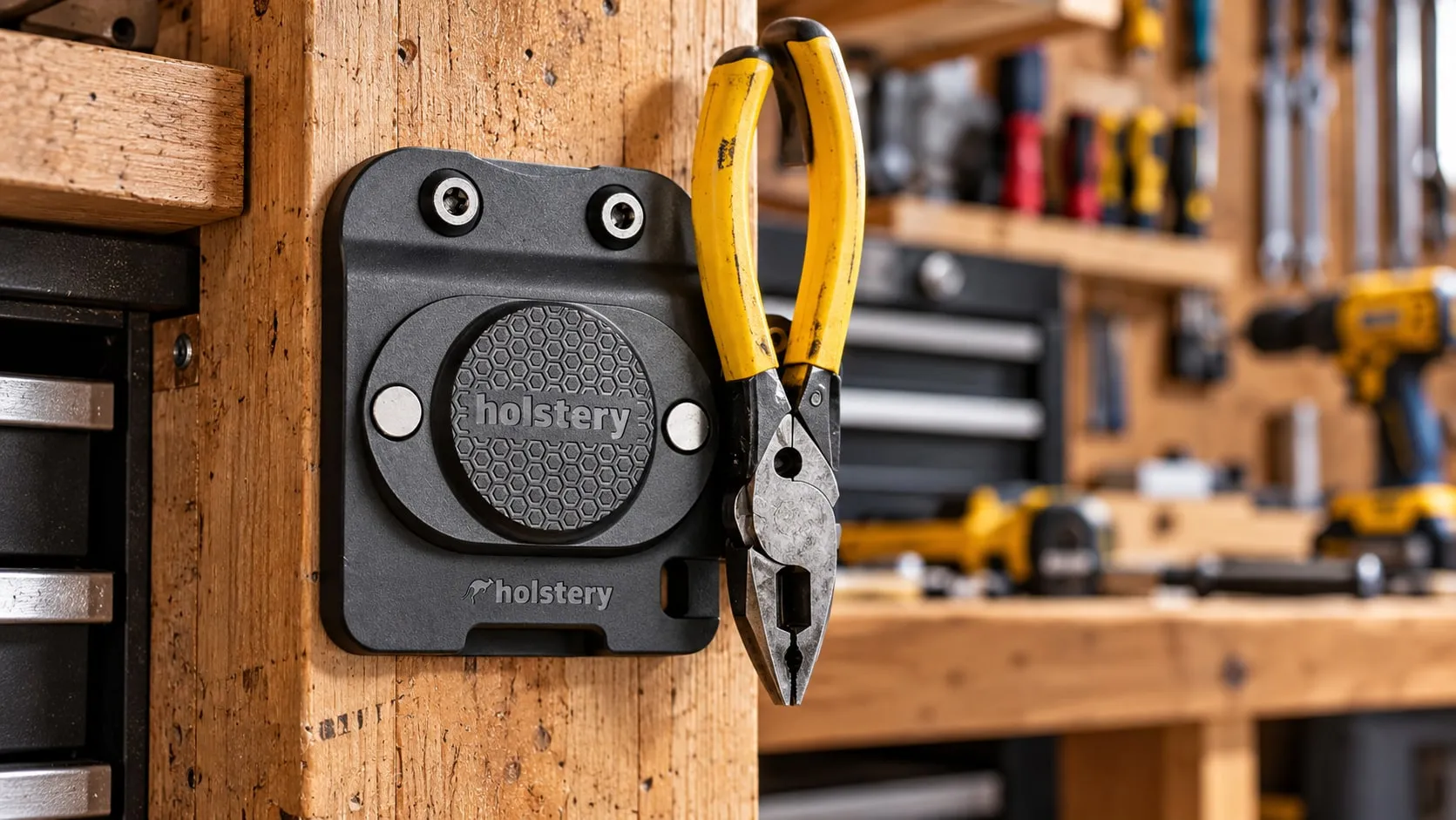 Pliers held by a magnetic tool holder in a wood-paneled workshop