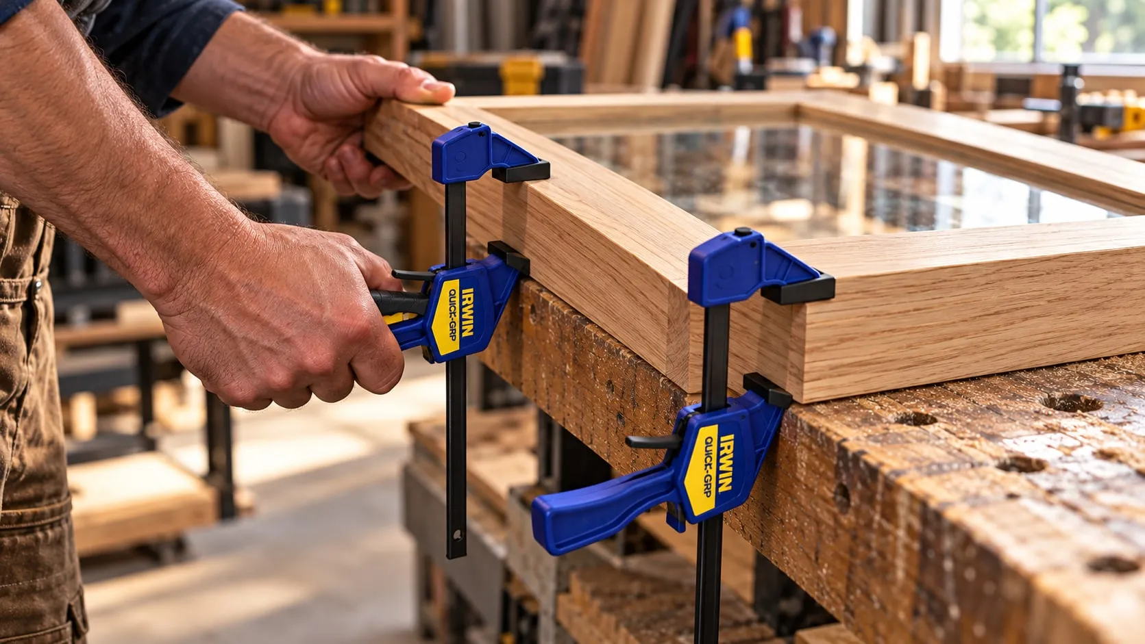 Clamping a wooden frame to a workbench with blue one-handed bar clamps