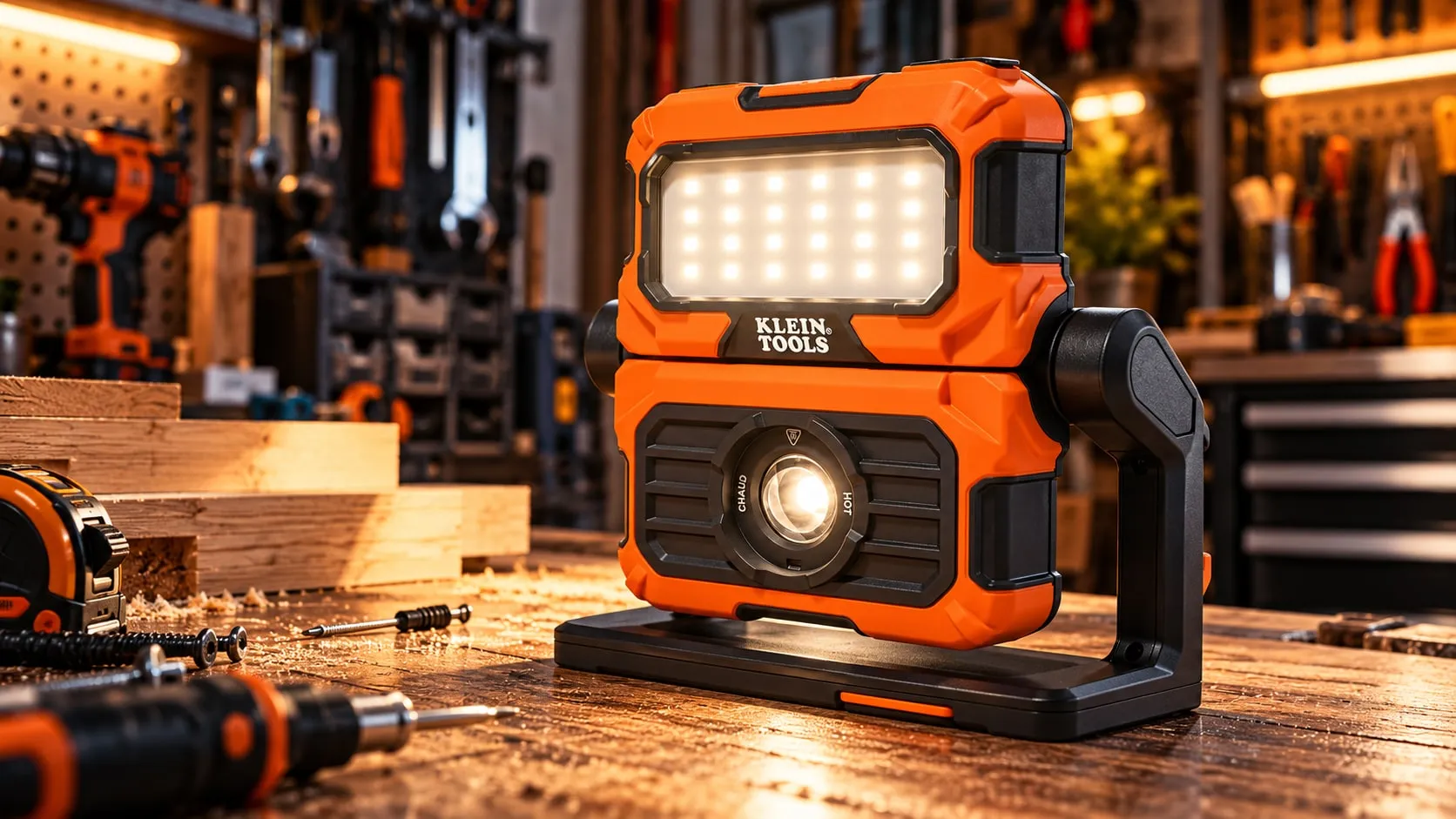 Klein Tools work light switched on at a wooden workbench, tool wall behind