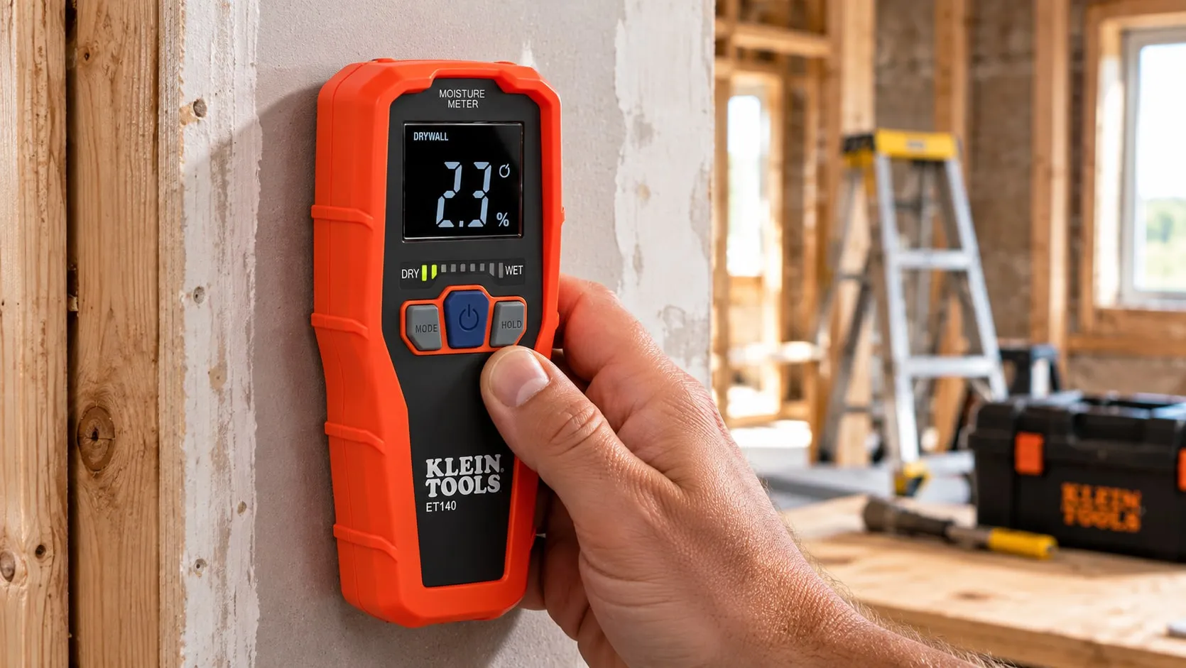 Pressing a pinless moisture meter flat against a drywall panel during a renovation