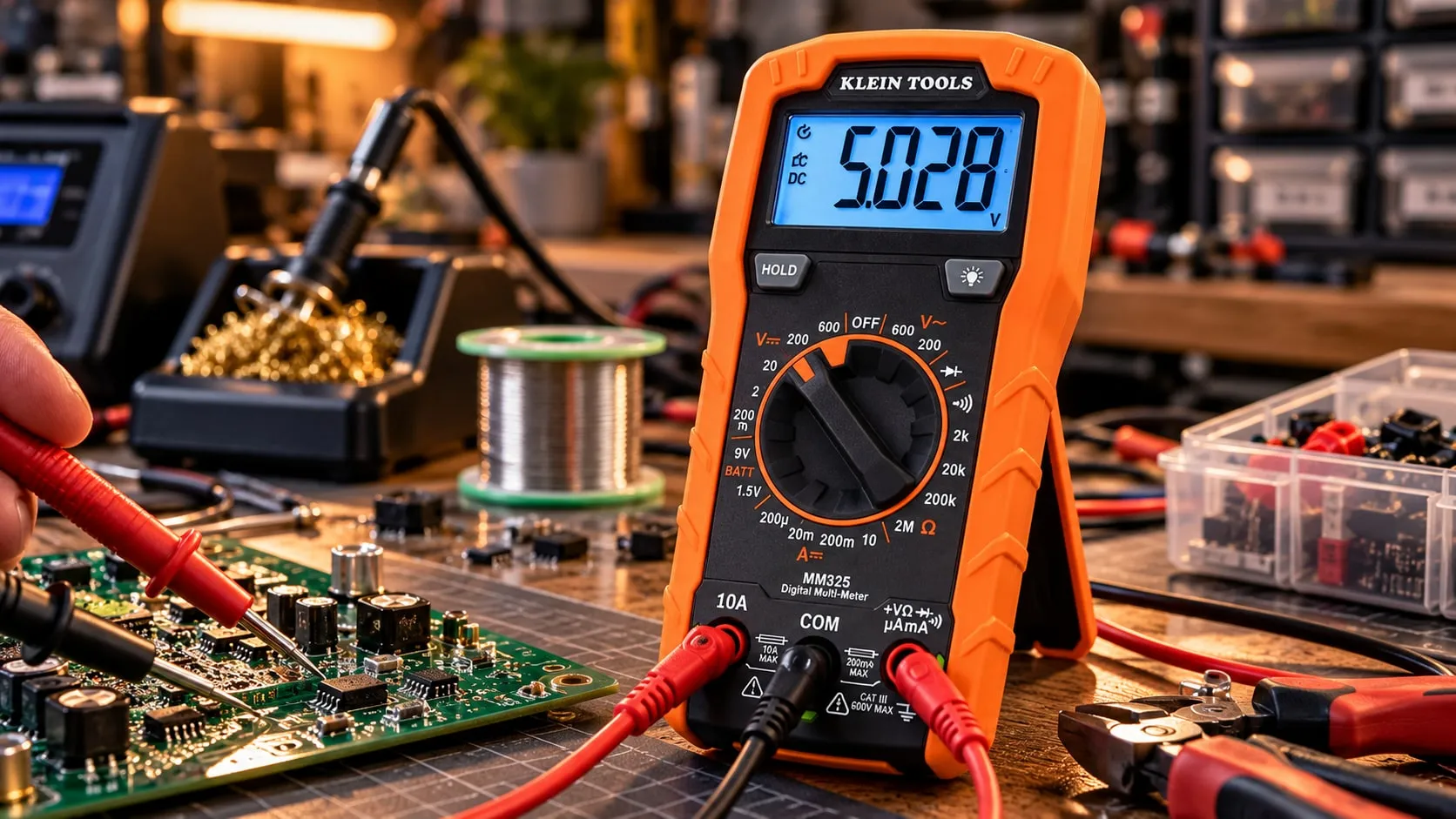 Orange digital multimeter on a bench measuring a circuit board, soldering station behind