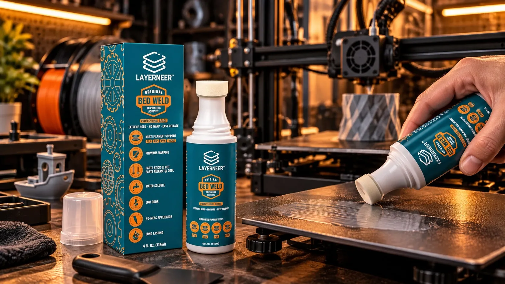 Applying Bed Weld adhesive to a 3D printer build plate with the bottle's foam tip