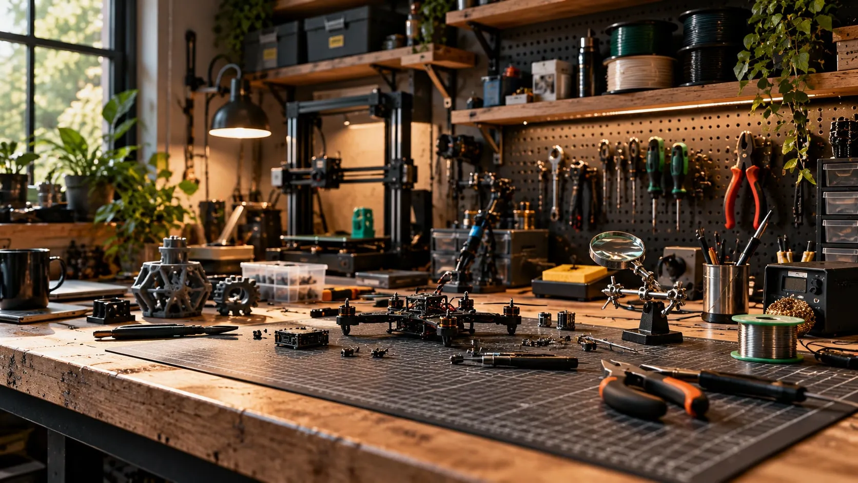 Maker workbench with a cutting mat, drone parts, a 3D printer, magnifier and soldering tools in warm light