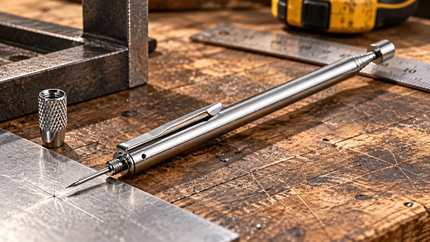 Pen-sized magnetic pick-up tool with the scribe uncapped, lying on a sheet of steel on a workbench