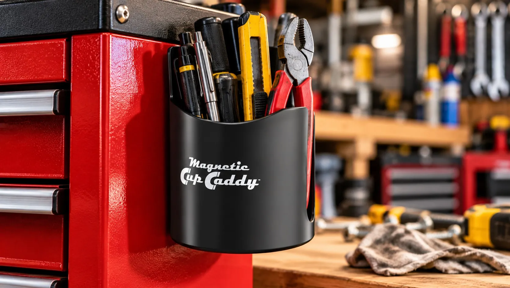Magnetic cup caddy on the side of a red tool chest, filled with pens, a utility knife and pliers