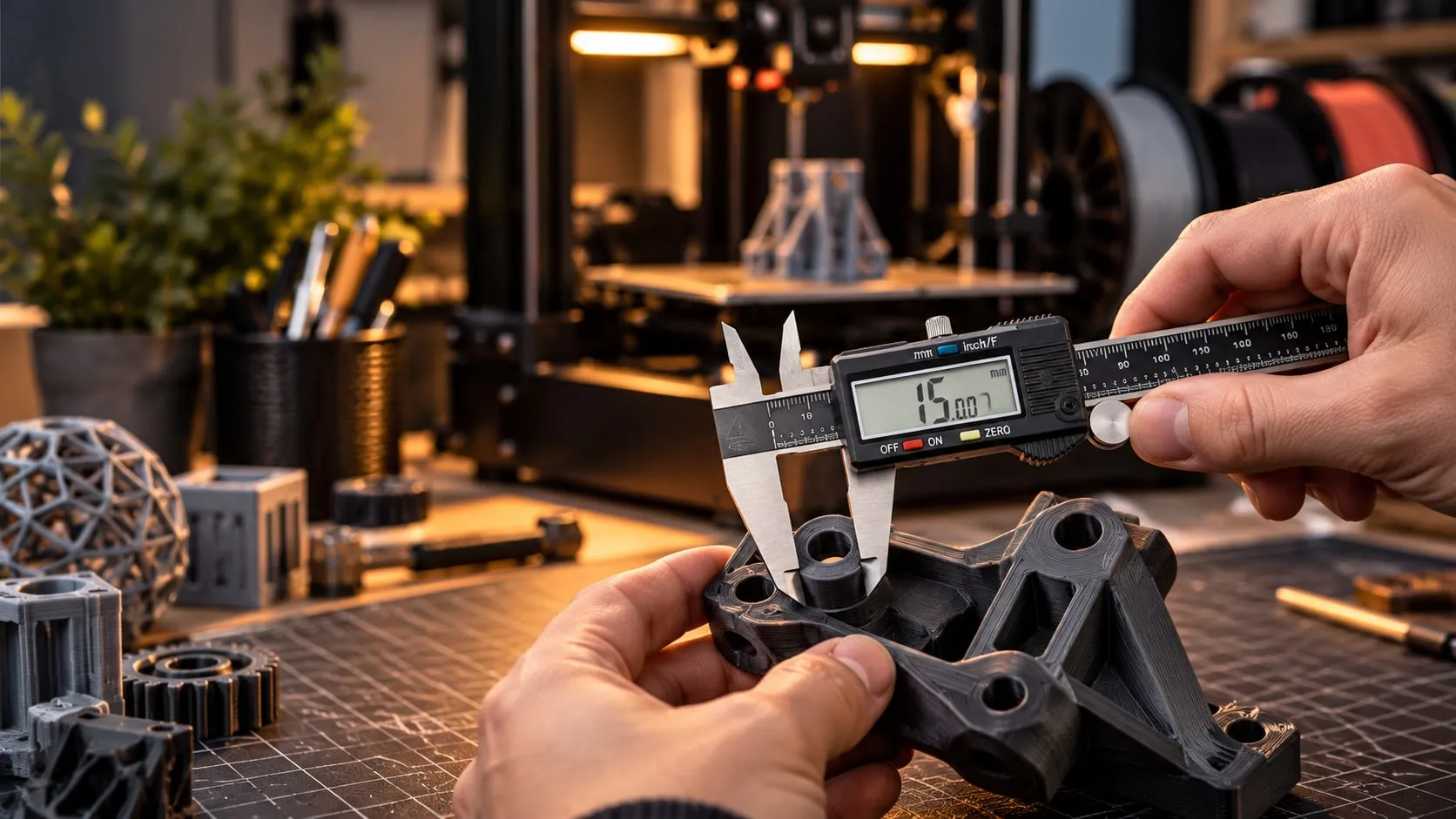 Measuring a dark gray 3D-printed bracket with a digital caliper, printer and filament spools behind