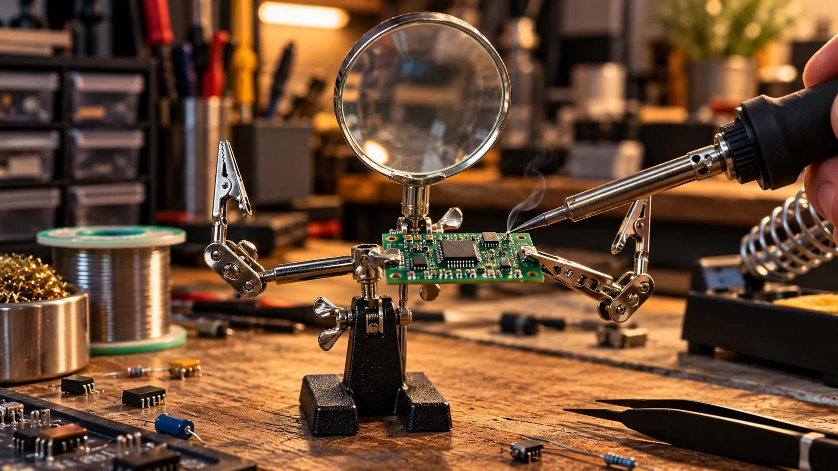 Helping hand with magnifier holding a circuit board while it is soldered