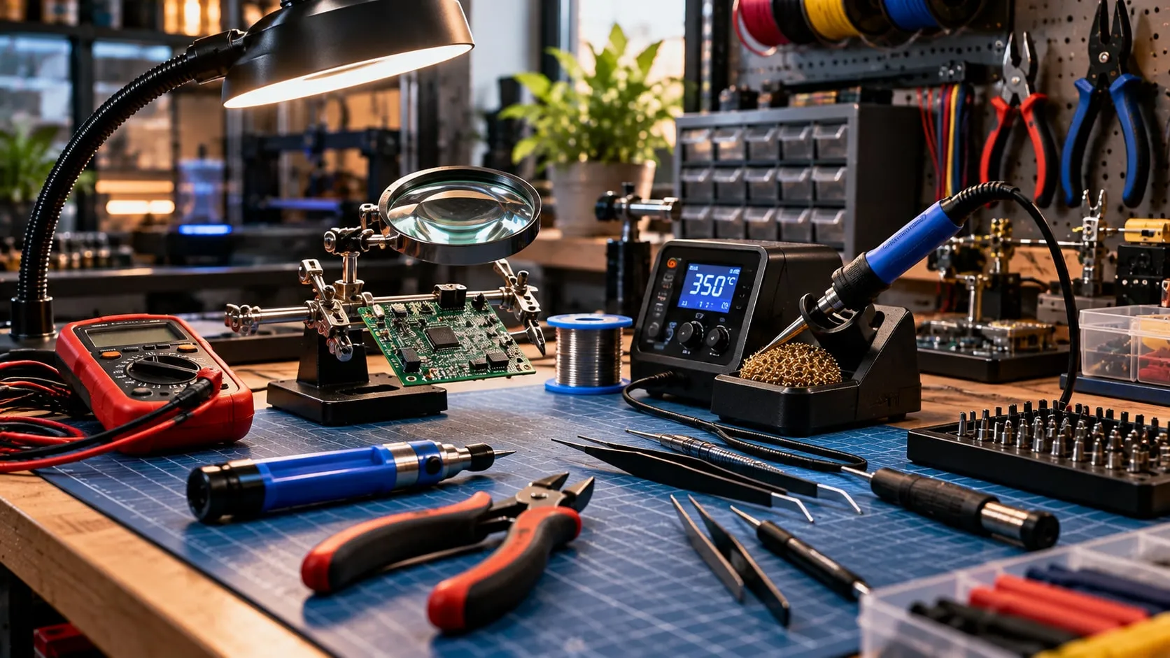 Soldering station on a blue work mat with a circuit board in a helping hand, solder sucker, tweezers, multimeter and heat shrink tubing