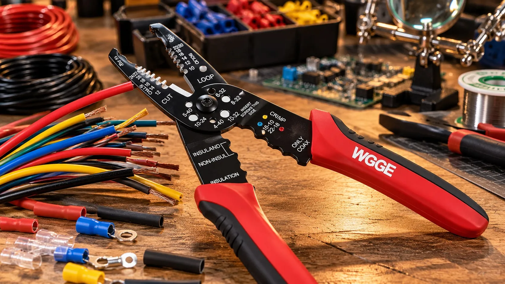 Red and black wire stripper on a bench with stripped colored wires and crimp terminals