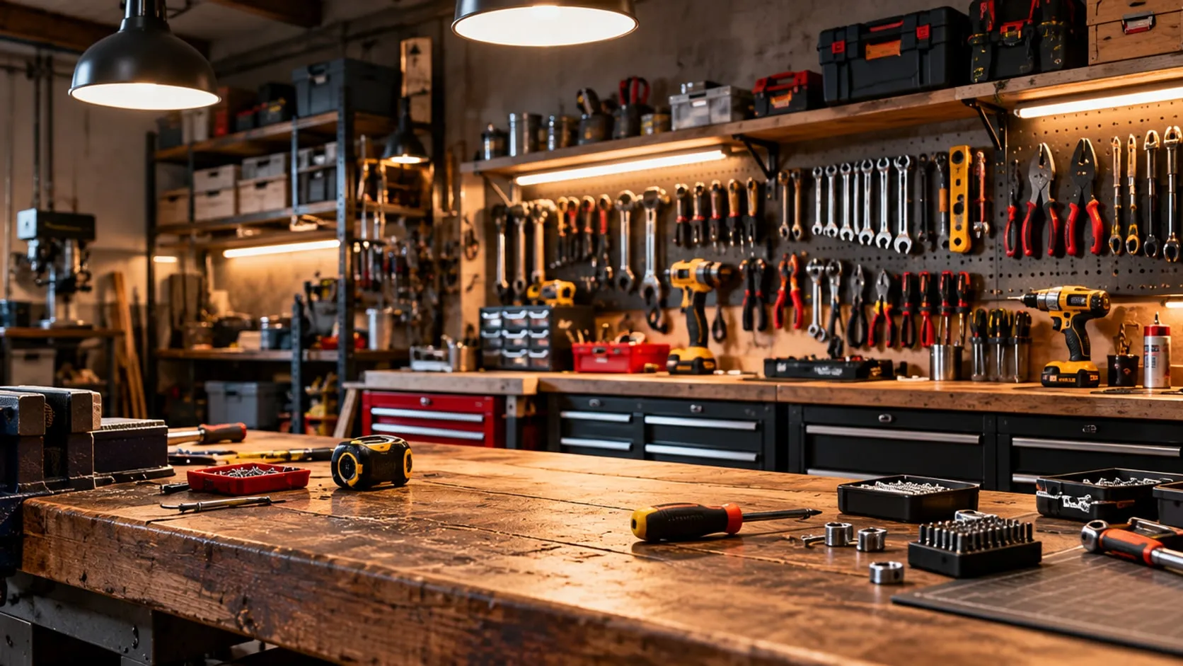 Well-organized home workshop with a vise on a wooden bench and a pegboard wall full of tools