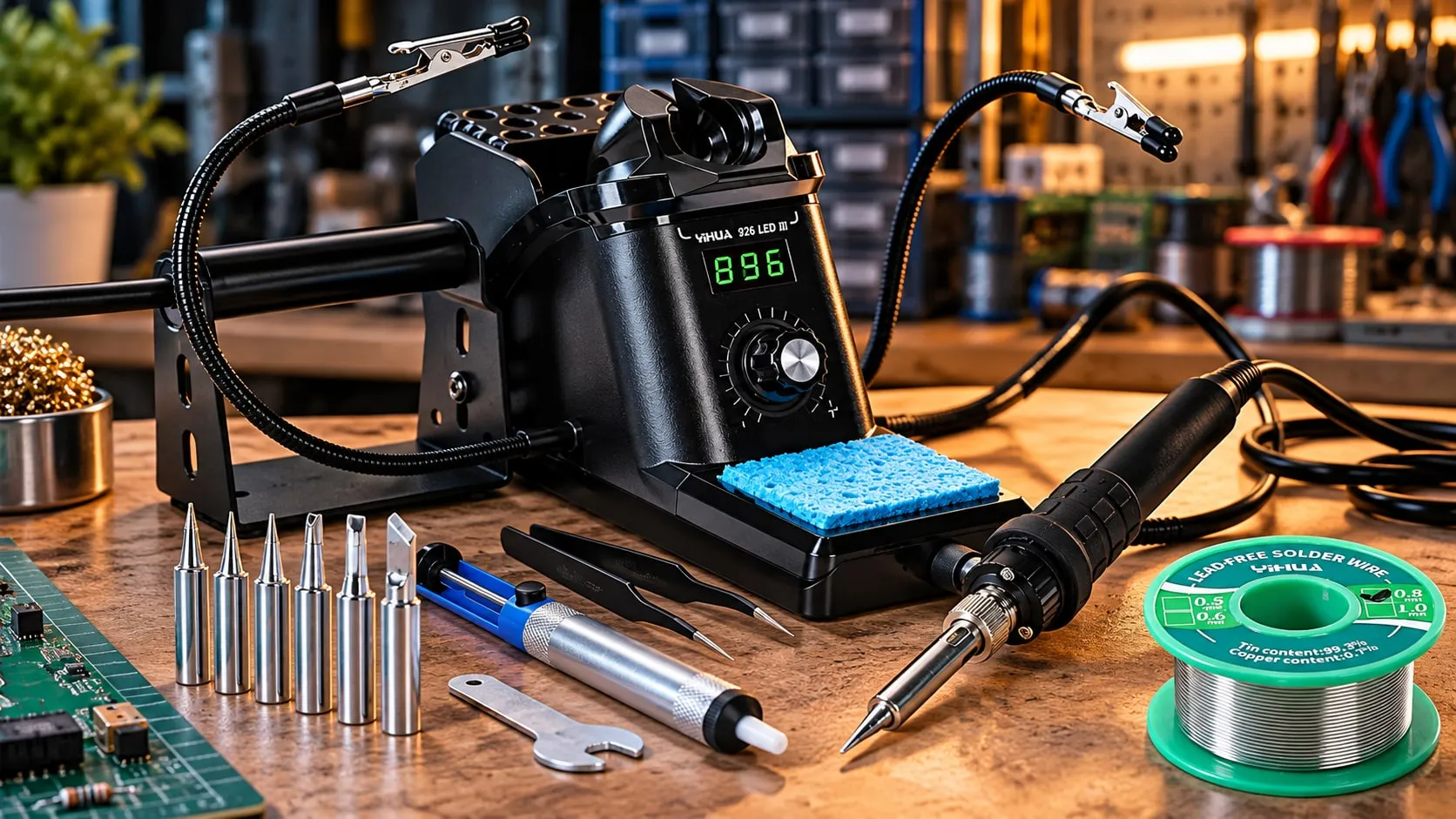 YIHUA soldering station kit laid out on a workbench with tips, tweezers, solder sucker and solder